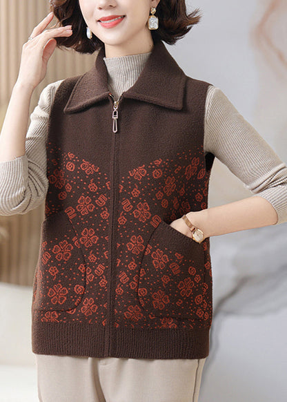 Coffee Peter Pan Collar Pockets Knit Waistcoat Sleeveless