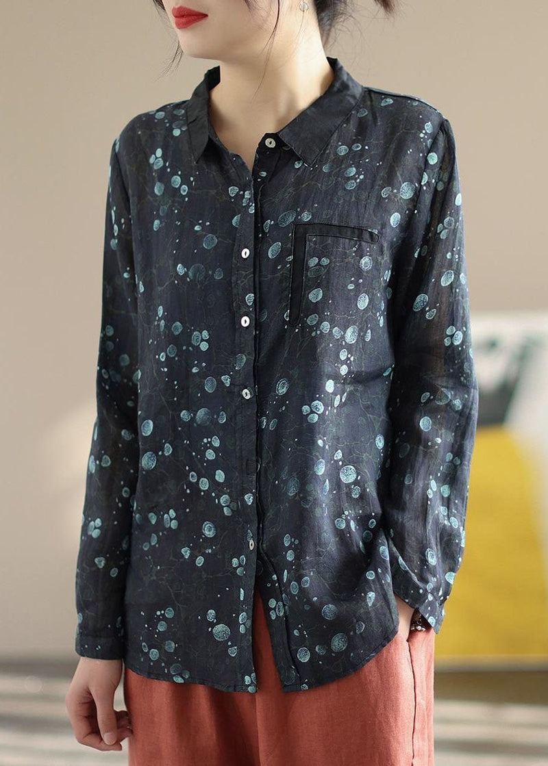 Coffee Peter Pan Collar Print Patchwork Linen Blouse Tops Long Sleeve