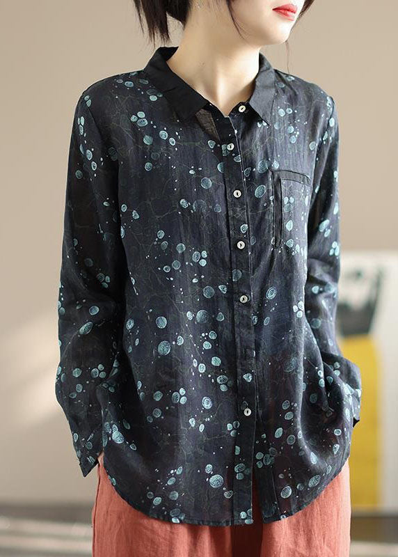 Coffee Peter Pan Collar Print Patchwork Linen Blouse Tops Long Sleeve