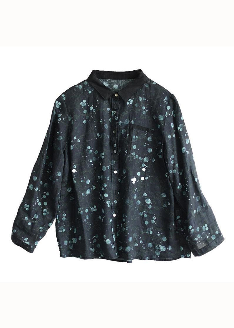 Coffee Peter Pan Collar Print Patchwork Linen Blouse Tops Long Sleeve