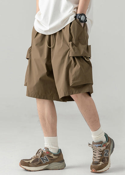 Coffee Pockets Drawstring Cotton Shorts Summer