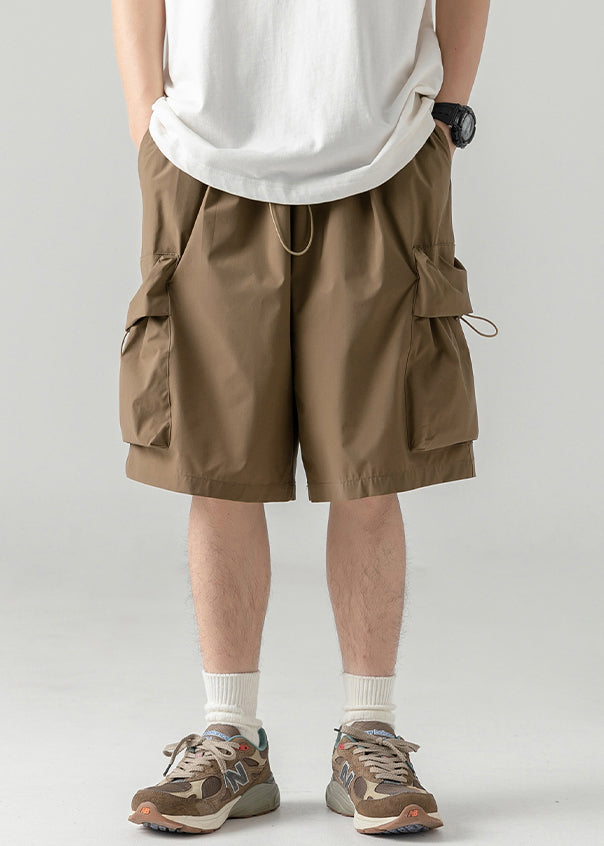 Coffee Pockets Drawstring Cotton Shorts Summer