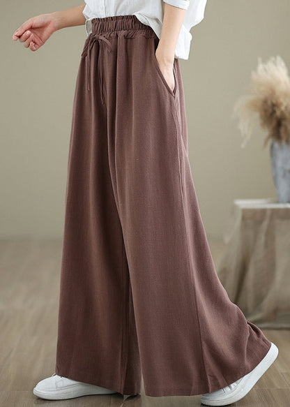 Coffee Pockets Drawstring Cotton Wide Leg Pants Fall