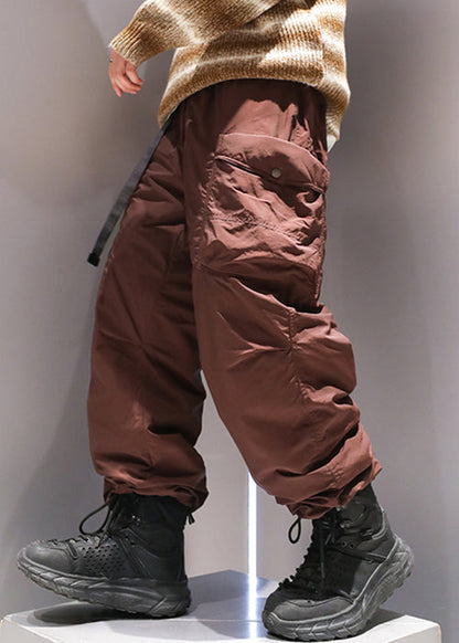 Coffee Pockets Elastic Waist Duck Down Pants Winter