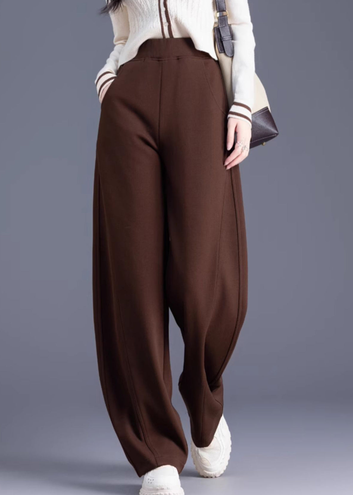 Coffee Pockets Elastic Waist Warm Fleece Pants