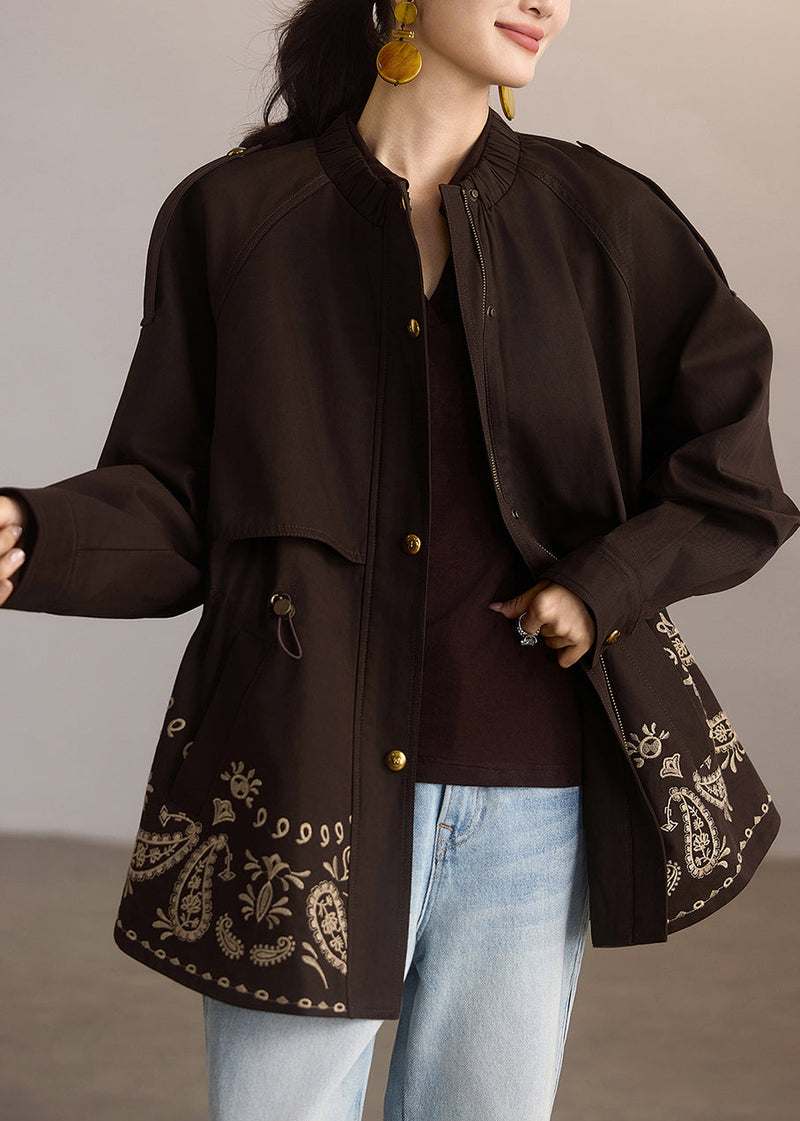 Coffee Print Drawstring Pockets Coat Spring