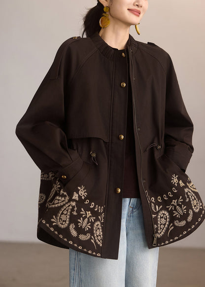 Coffee Print Drawstring Pockets Coat Spring
