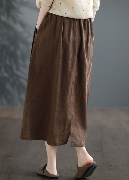 Coffee Ruffled Pockets Patchwork Linen Skirts Summer