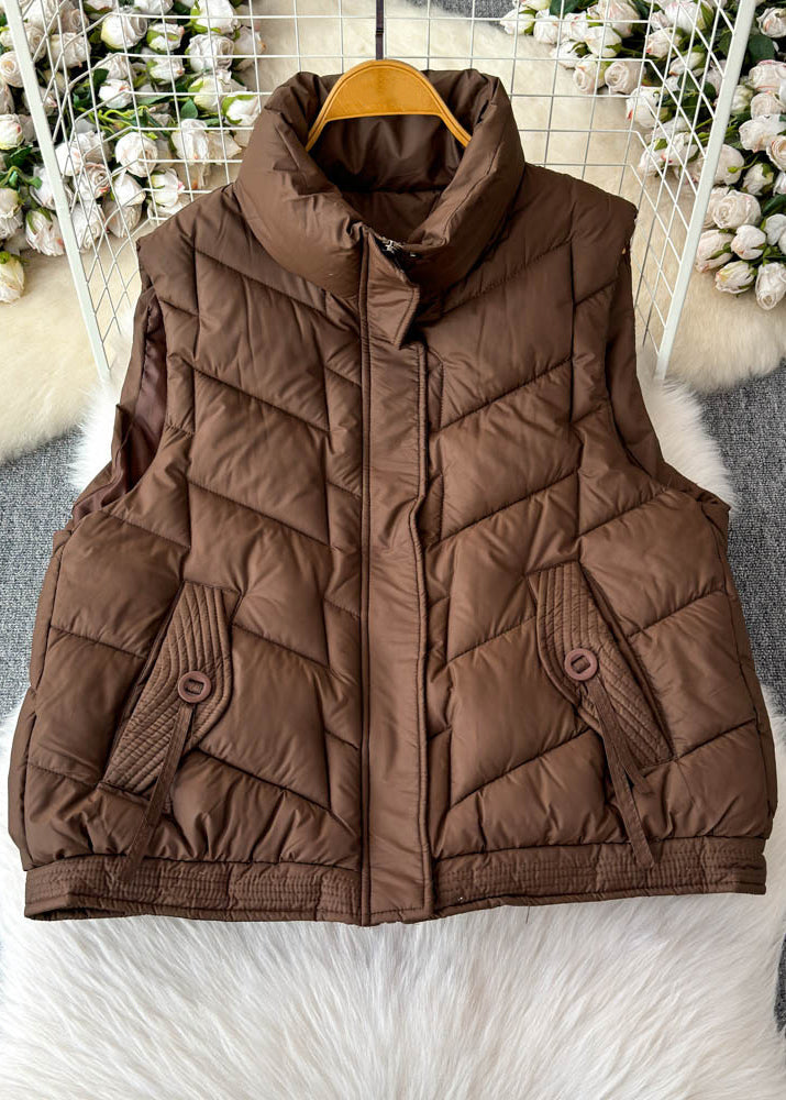 Coffee Stand Collar Pockets Patchwork Parka Waistcoat Winter