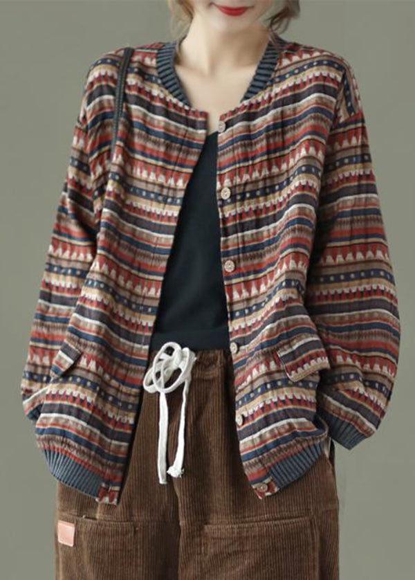 Coffee Striped Pockets Patchwork Cotton Coat Fall