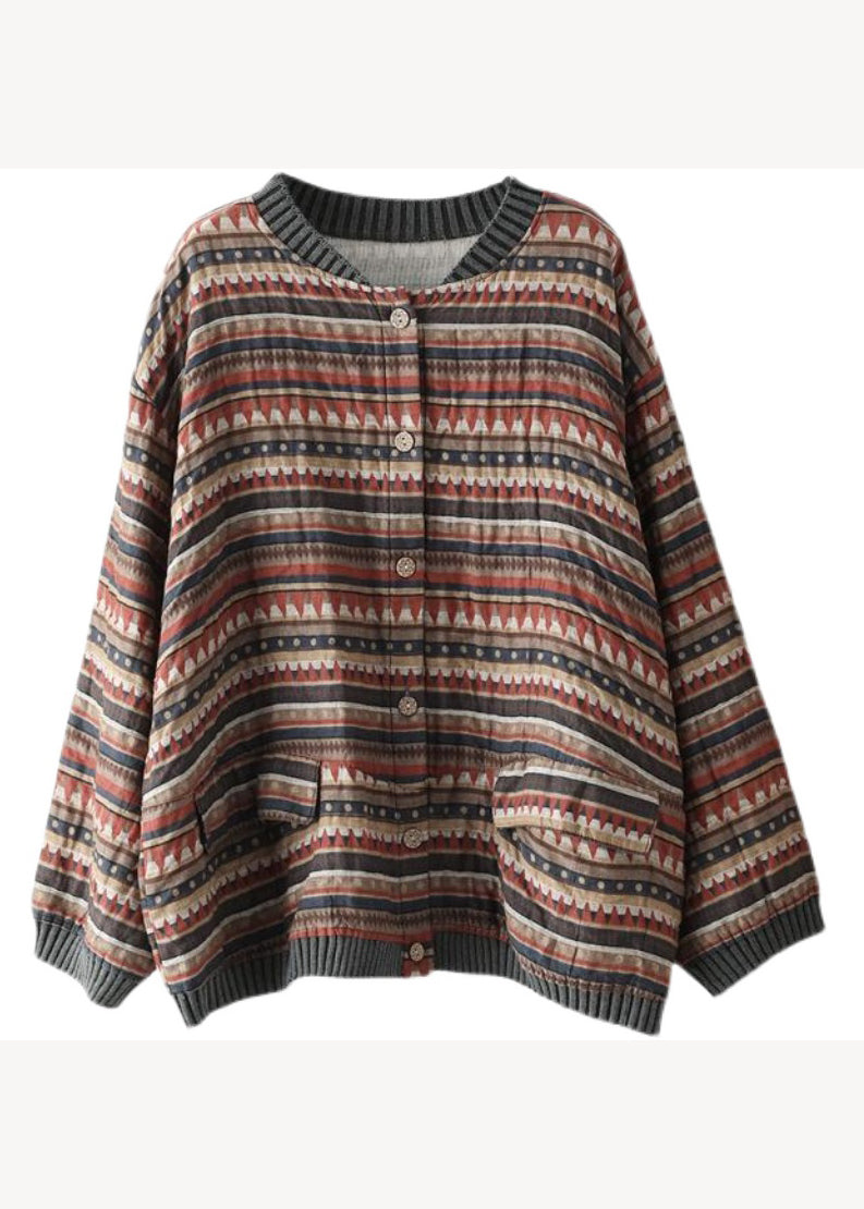 Coffee Striped Pockets Patchwork Cotton Coat Fall