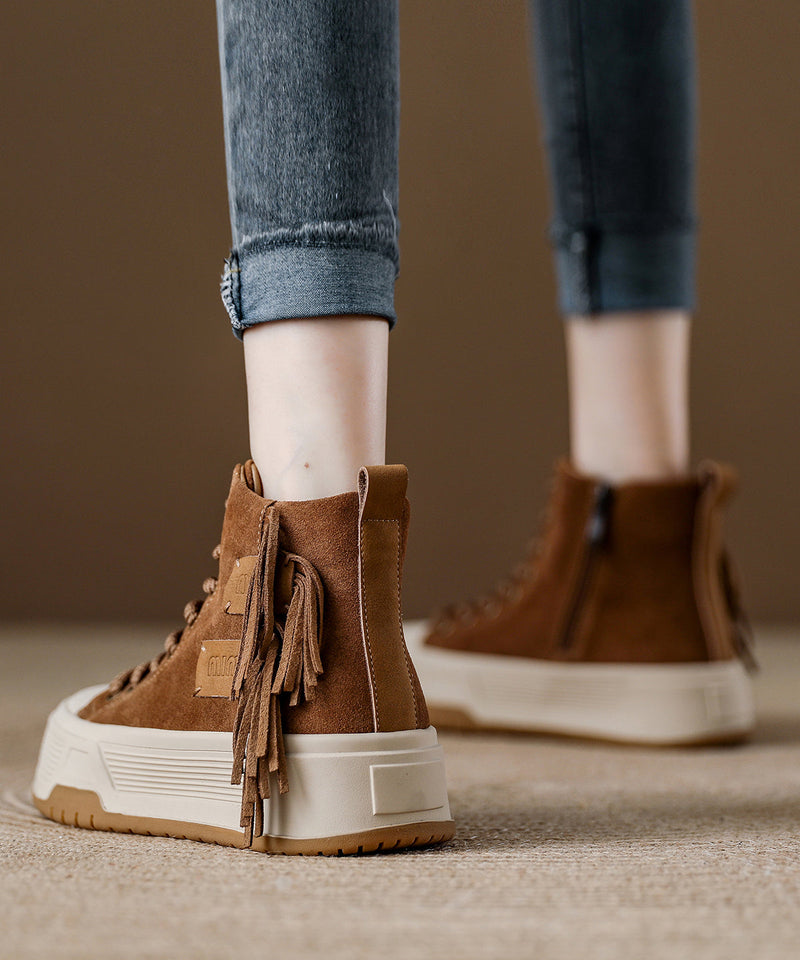 Coffee Tassel Lace Up Splicing Suede Boots