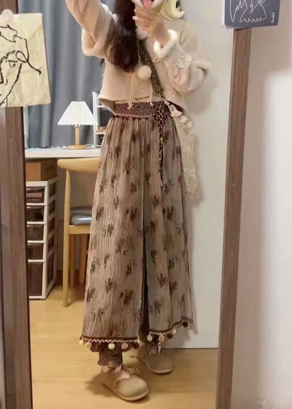 Coffee Tasseled Pockets Patchwork Cotton Lantern Pants Spring