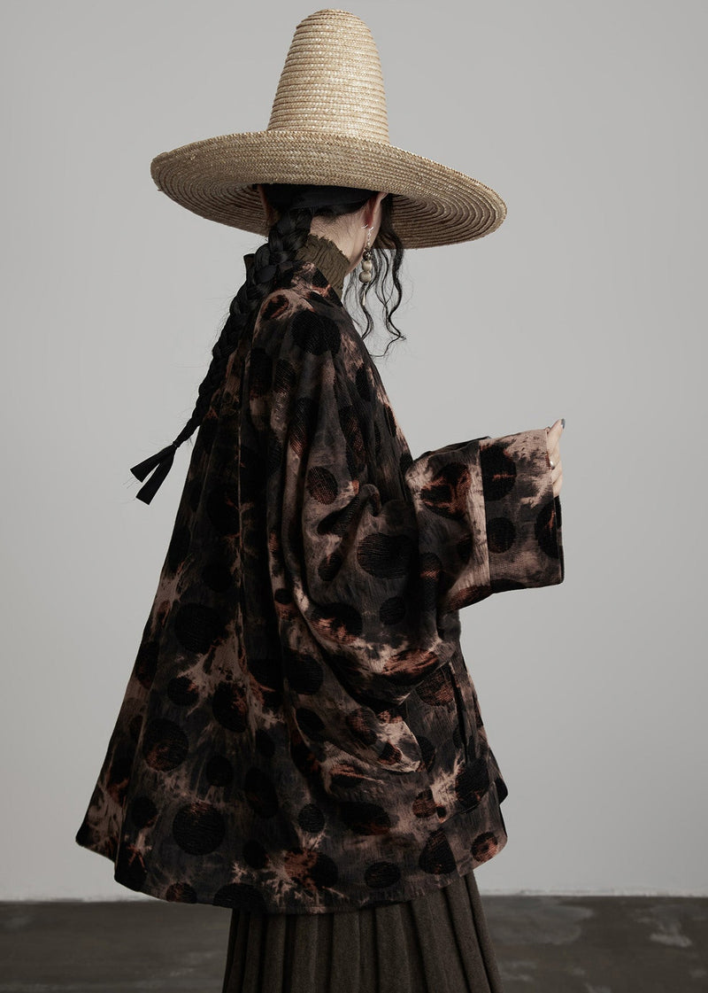 Coffee V Neck Button Tie Dye Cotton Coats Spring