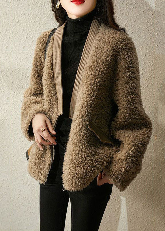 Chocolate V Neck Patchwork Tedd Faux Fur Coats Winter
