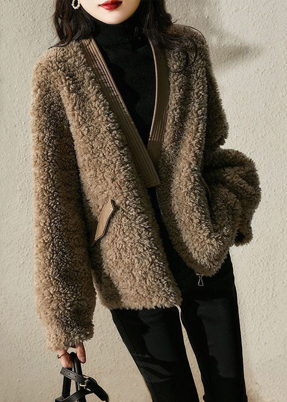 Chocolate V Neck Patchwork Tedd Faux Fur Coats Winter