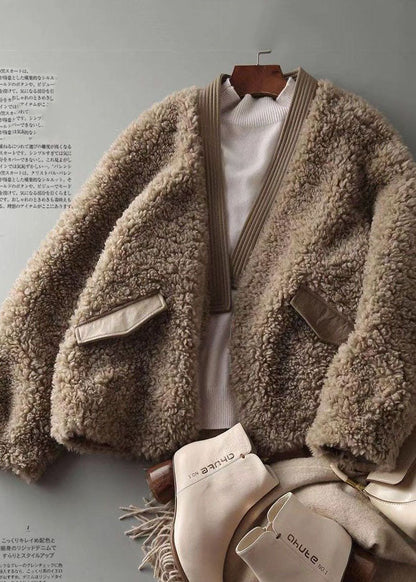 Chocolate V Neck Patchwork Tedd Faux Fur Coats Winter