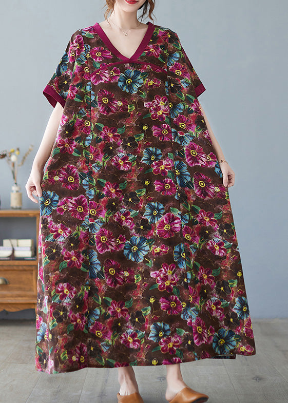 Coffee V Neck Print Cozy Maxi Dress Short Sleeve