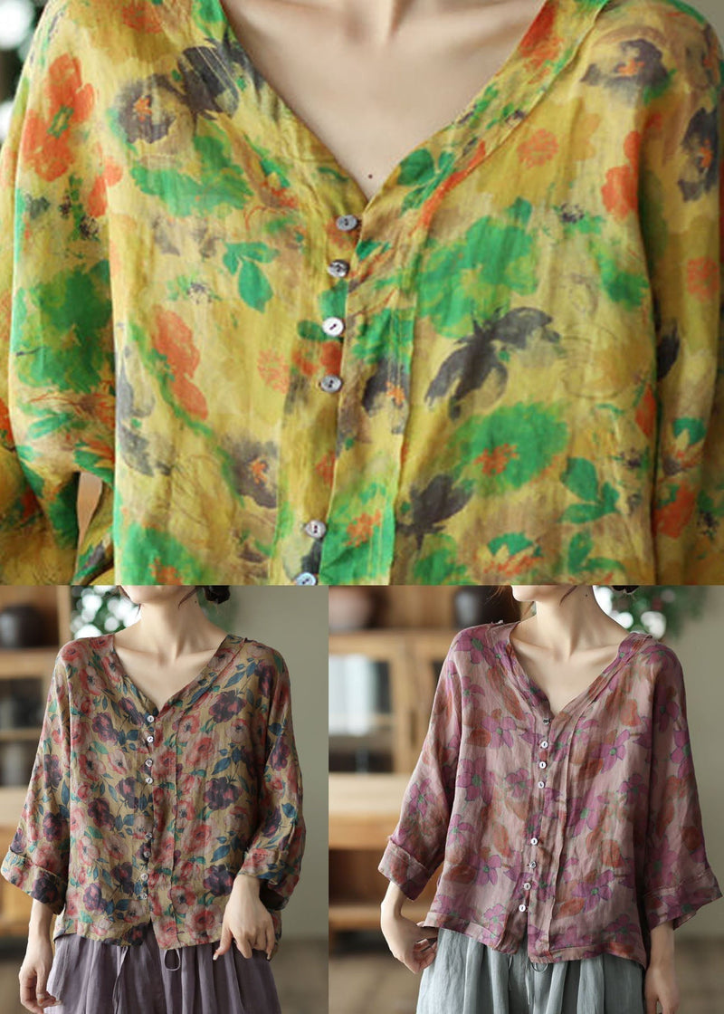 Coffee V Neck Print Linen Shirt Tops Summer