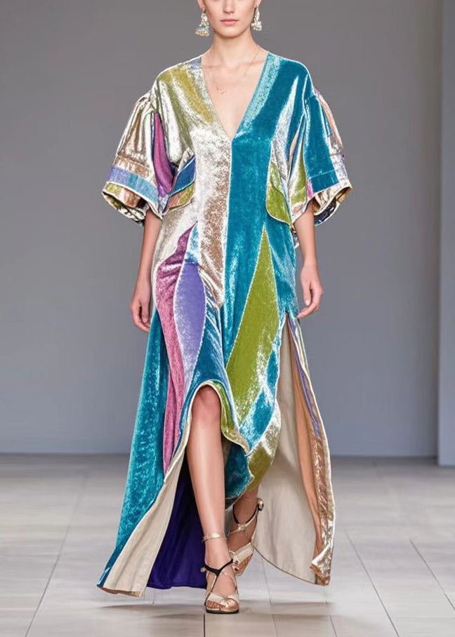 Colorblock Asymmetrical Side Open Silk Velvet Long Dress Fall