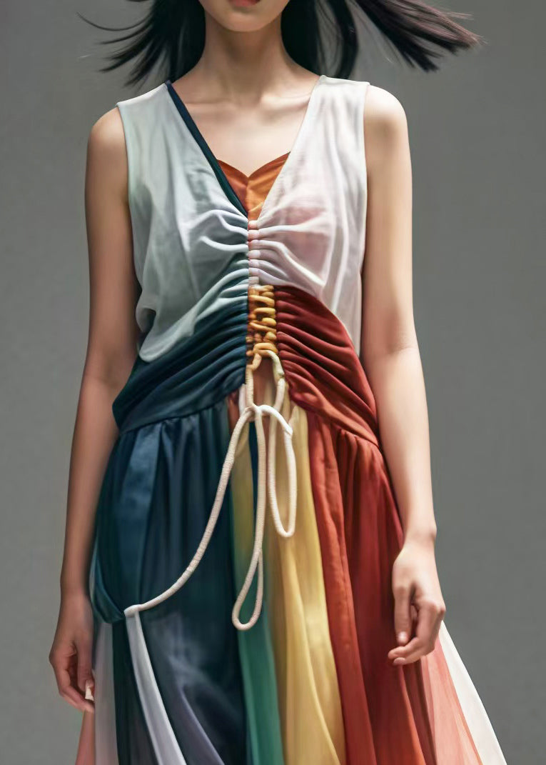 Colorblock Cinched Patchwork Cotton Dresses Sleeveless