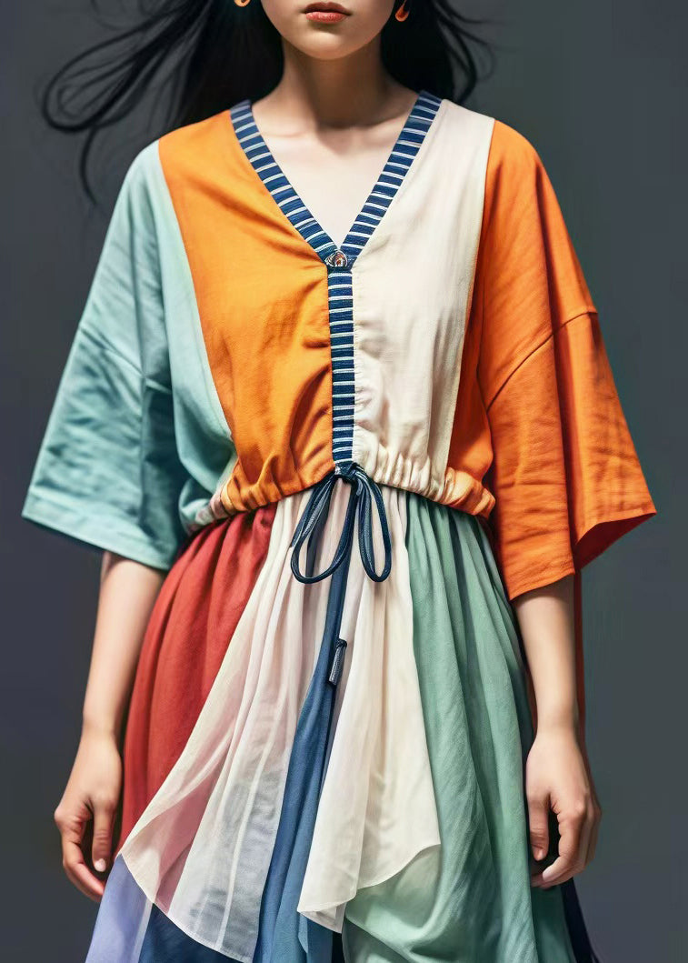 Colorblock Cinched Patchwork Cotton Vacation Dresses Summer