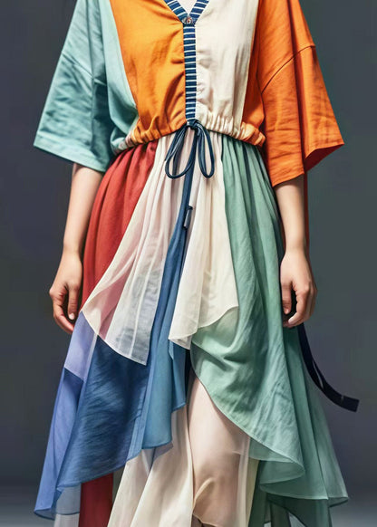 Colorblock Cinched Patchwork Cotton Vacation Dresses Summer