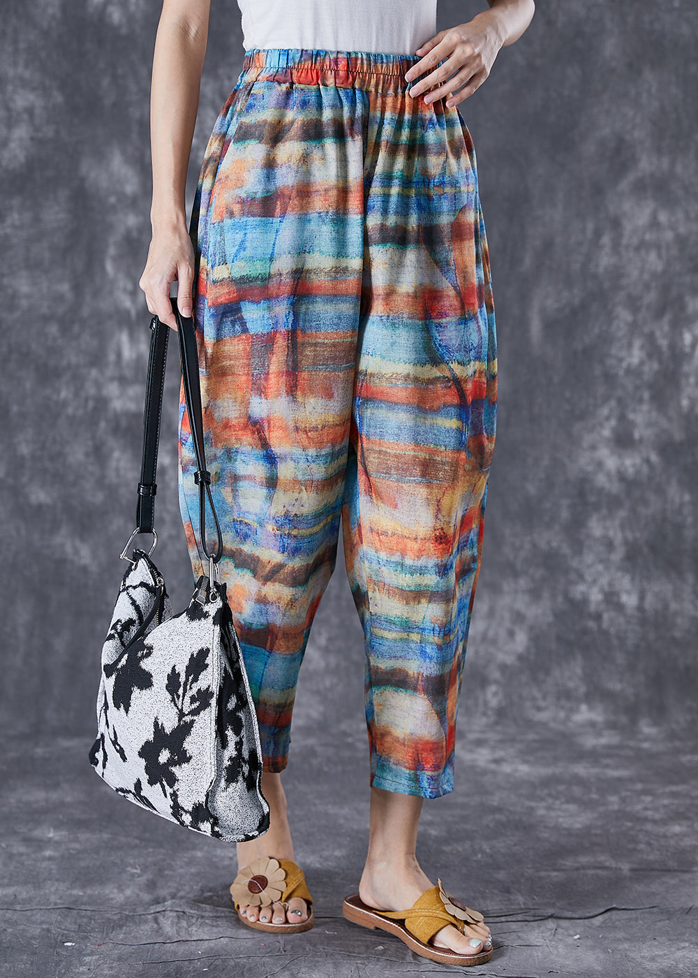 Colorblock Elastic Waist Tie Dye Linen Pants Summer