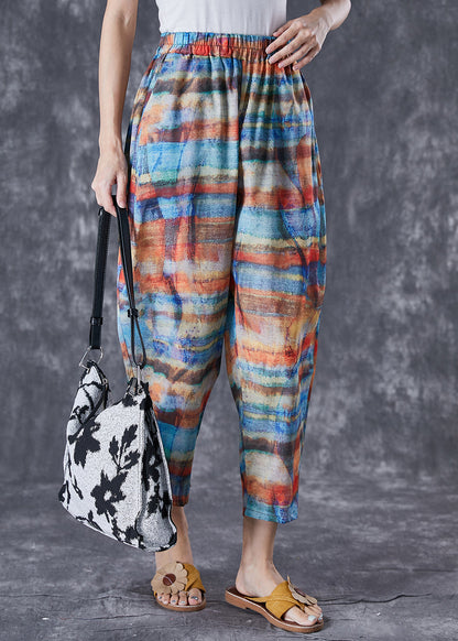 Colorblock Elastic Waist Tie Dye Linen Pants Summer