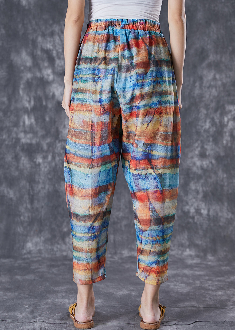 Colorblock Elastic Waist Tie Dye Linen Pants Summer