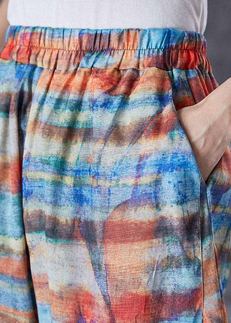 Colorblock Elastic Waist Tie Dye Linen Pants Summer