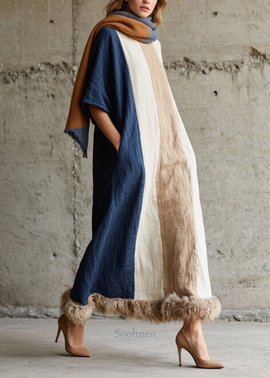 Colorblock Fuzzy Fur Fluffy Patchwork Cotton Long Dresses Fall