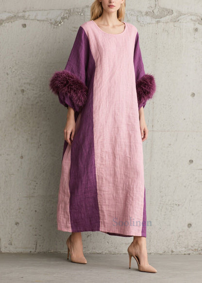 Colorblock Fuzzy Fur Patchwork Cotton Dresses Fall