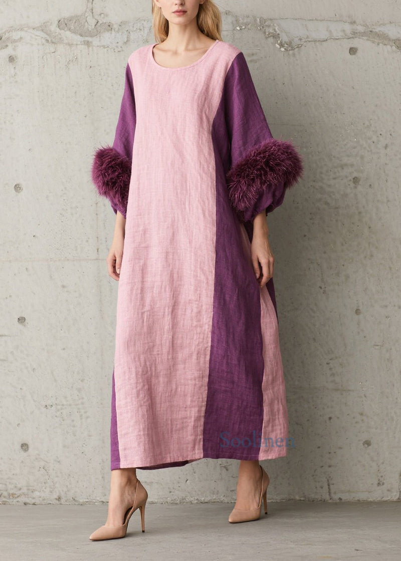 Colorblock Fuzzy Fur Patchwork Cotton Dresses Fall