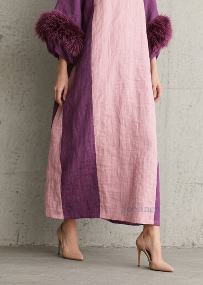 Colorblock Fuzzy Fur Patchwork Cotton Dresses Fall