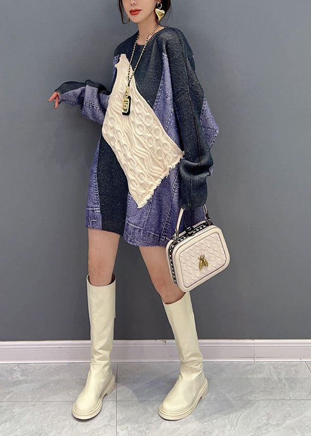 Colorblock O Neck Asymmetrical Patchwork Knit Top Winter