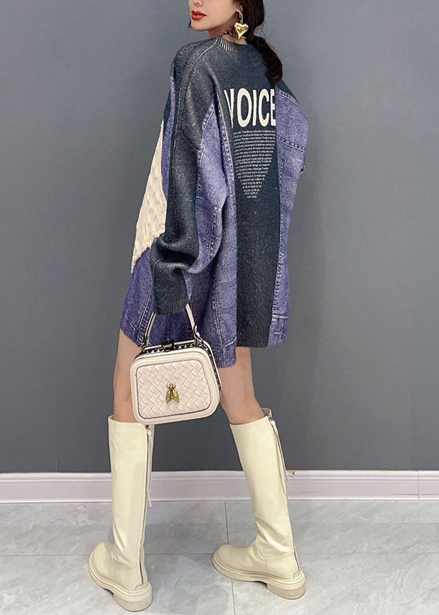 Colorblock O Neck Asymmetrical Patchwork Knit Top Winter