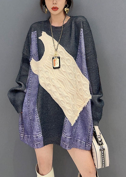 Colorblock O Neck Asymmetrical Patchwork Knit Top Winter