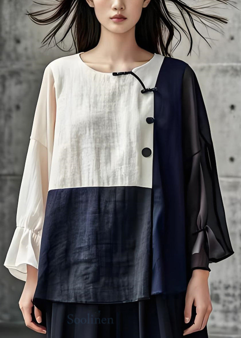 Colorblock O Neck Patchwork Cotton Tops Long Sleeve