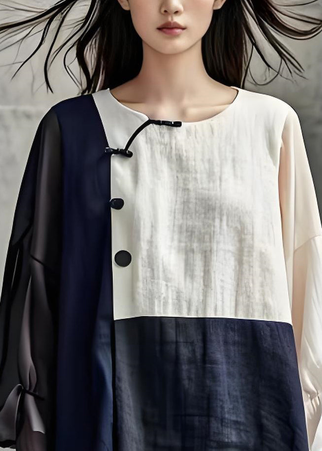 Colorblock O Neck Patchwork Cotton Tops Long Sleeve
