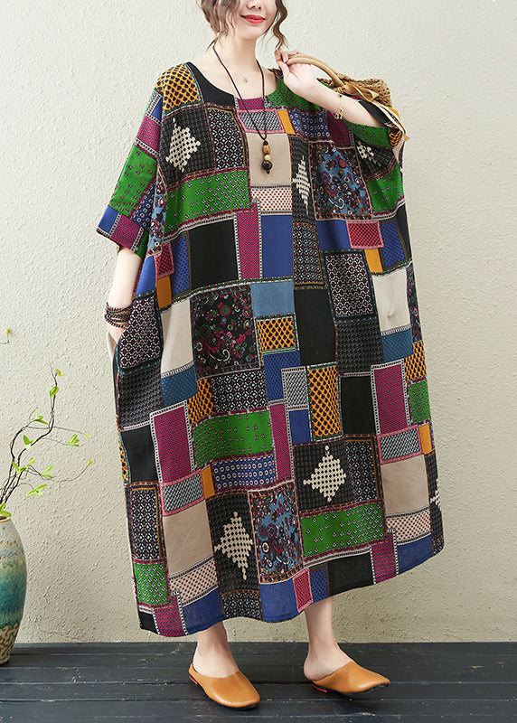 Colorblock O-neck Print Maxi Dress Summer