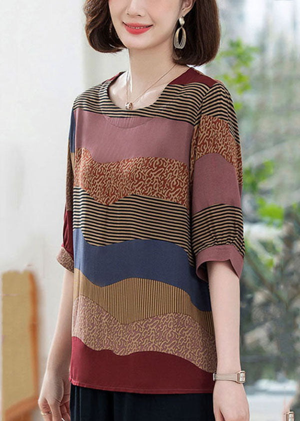 Colorblock O Neck Print Patchwork Cotton T Shirt Summer