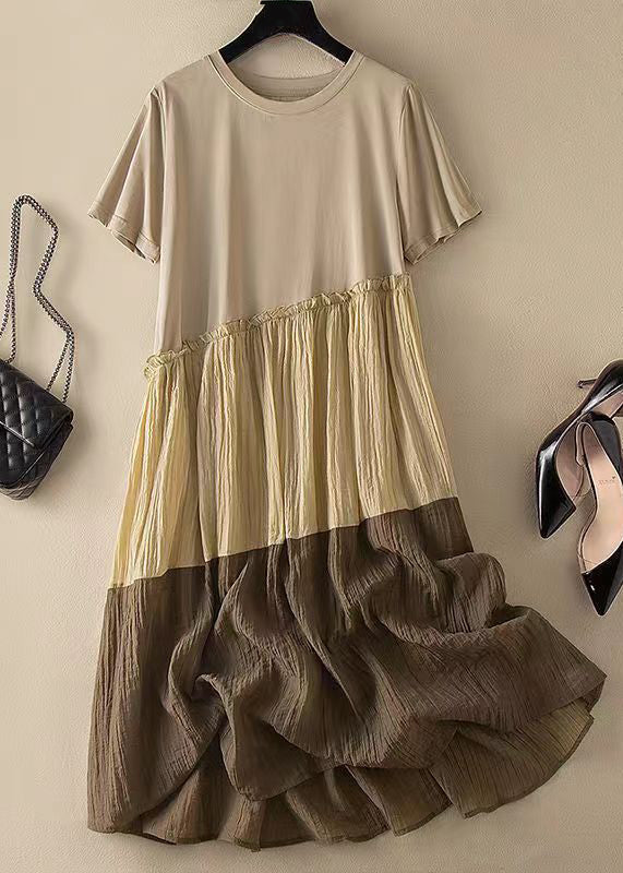 Colorblock O Neck Ruffled Patchwork Cotton Dresses Summer