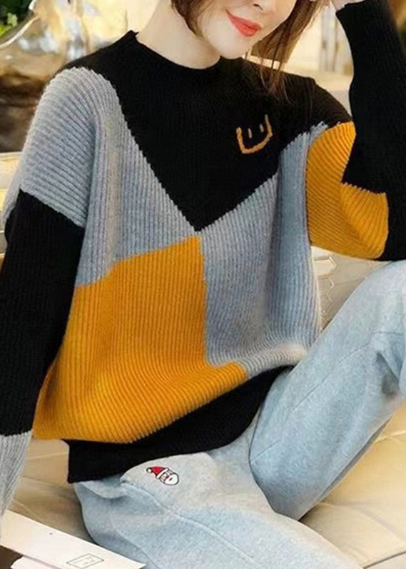 Colorblock O Neck Thick Patchwork Knit Sweaters Fall
