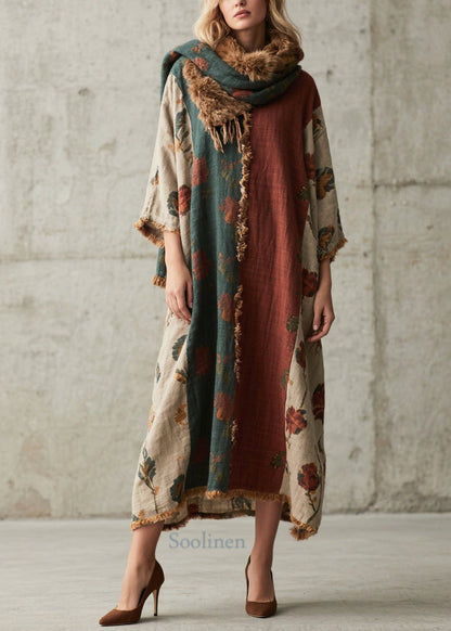 Colorblock Oversized Patchwork Faux Fur Maxi Dresses Bracelet Sleeve
