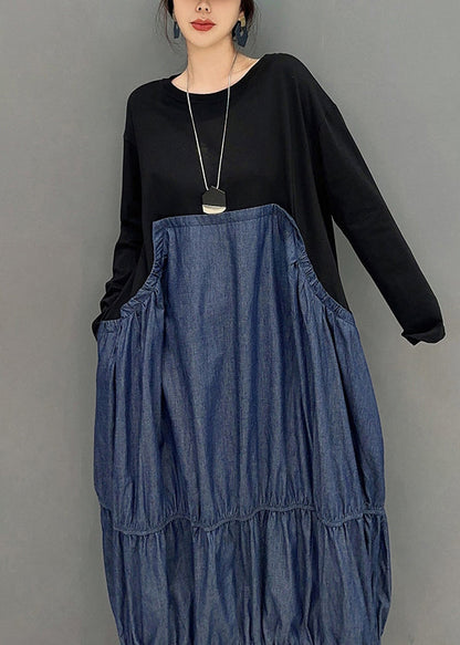 Colorblock Oversized Patchwork Wrinkled Denim Dress Spring