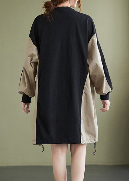 Colorblock Patchwork Drawstring Sweatshirt Dress Long Sleeve
