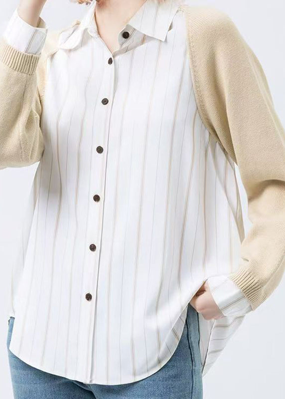 Colorblock Peter Pan Collar Button Knit Patchwork Shirt Fall