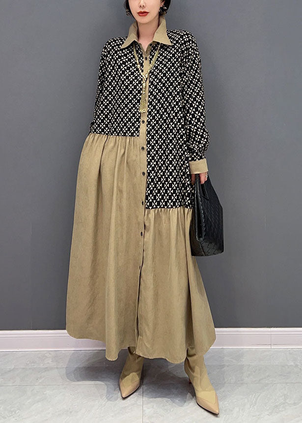 Colorblock Peter Pan Collar Patchwork Wrinkled Print Cotton Dresses Spring