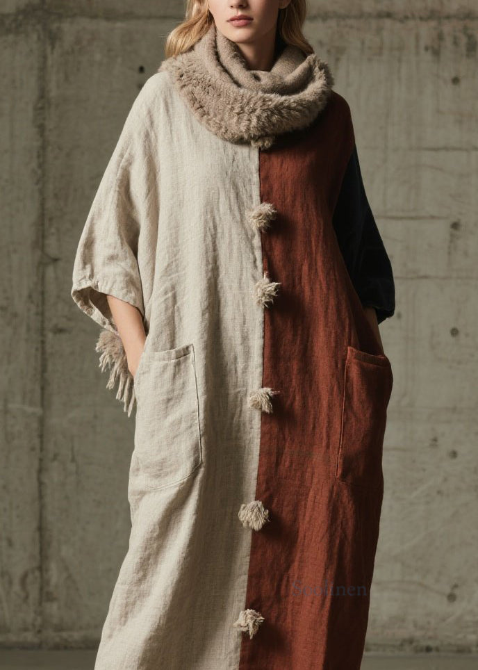 Colorblock Pockets Patchwork Cotton Ankle Dress Fall